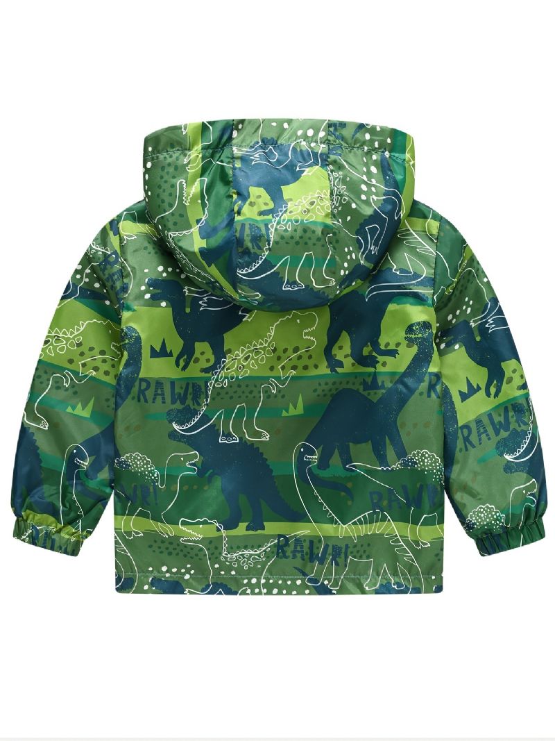 1ks Ležérní Roztomilý Zelený Dinosaurus S Potiskem Bunda Na Zip S Kapucí Zateplená S Límcem Pro Zimní Chlapce
