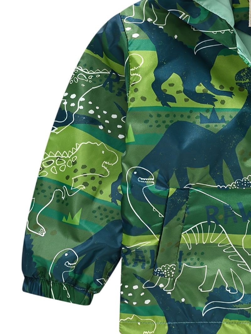 1ks Ležérní Roztomilý Zelený Dinosaurus S Potiskem Bunda Na Zip S Kapucí Zateplená S Límcem Pro Zimní Chlapce