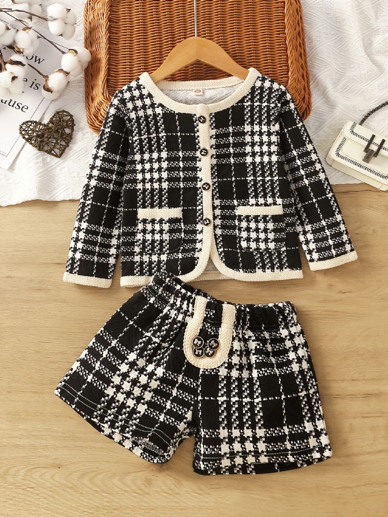 2ks Dívčí Svetřík S Dlouhým Rukávem Bunda A Šortky Houndstooth Dětské Oblečení
