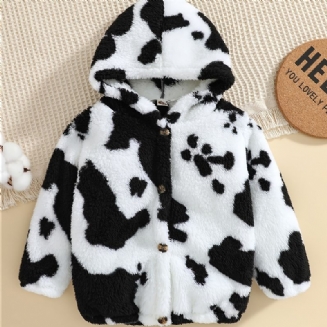 Chlapci Cow Print Fleece Button Down Bunda S Kapucí Teplé Dětské Oblečení Na Zimu