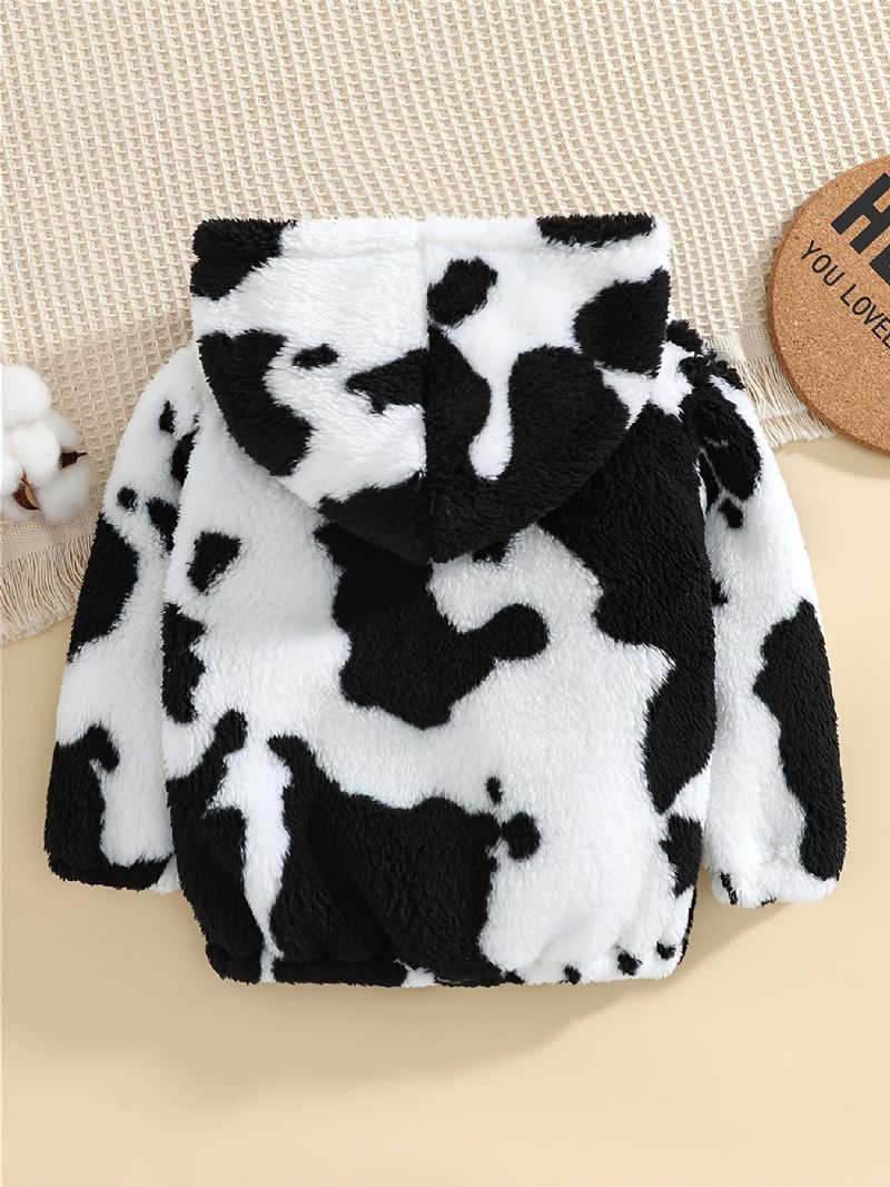 Chlapci Cow Print Fleece Button Down Bunda S Kapucí Teplé Dětské Oblečení Na Zimu