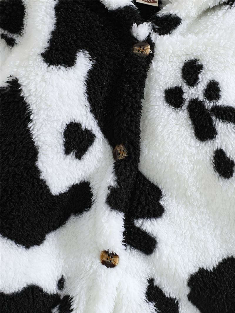 Chlapci Cow Print Fleece Button Down Bunda S Kapucí Teplé Dětské Oblečení Na Zimu