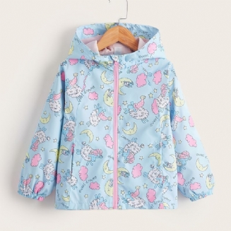 Dívčí Ležérní Kreslený Potisk Bunda S Kapucí Sheep Moon Print Větruodolná Vodotěsná Aktivní Na Zip