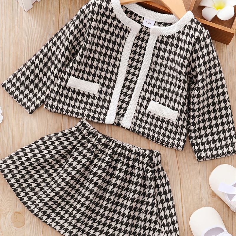 3ks Dětské Cardigan Houndstooth Šaty S Dlouhým Rukávem