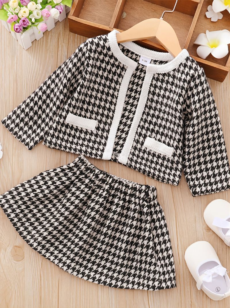 3ks Dětské Cardigan Houndstooth Šaty S Dlouhým Rukávem