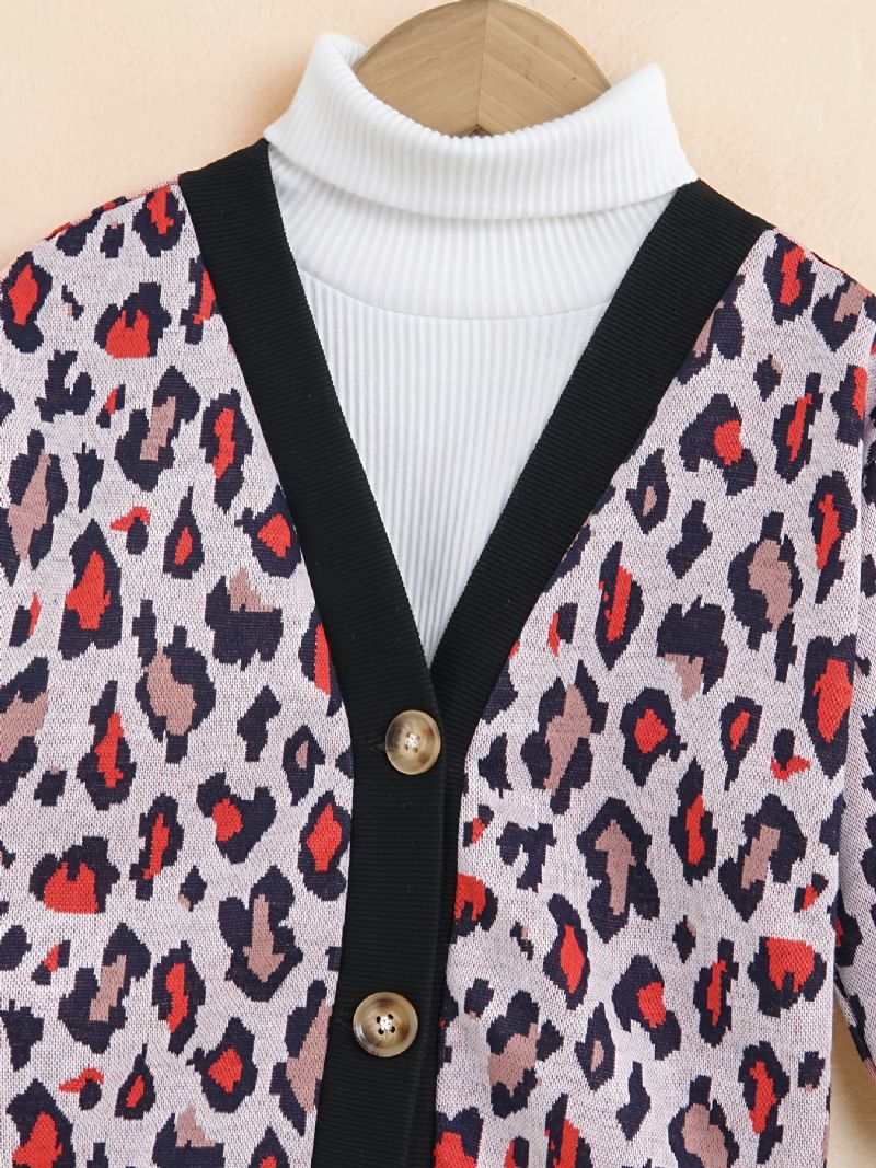 Dívčí Leopardí Vzor Dětské Oblečení S Předním Cardiganem S Výstřihem Do V