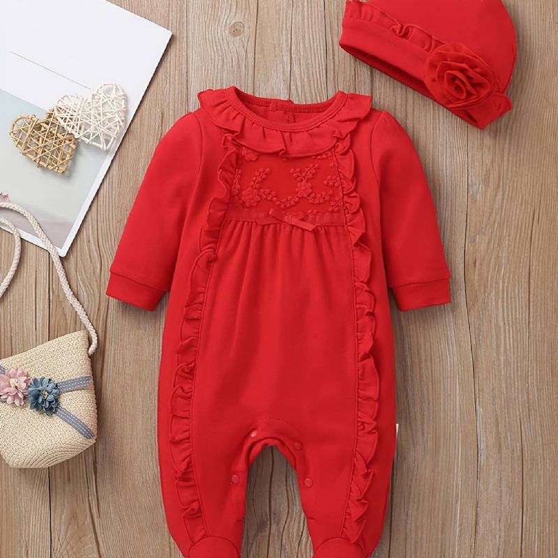 Děťátko Dívky Footies Ruffle Crew Neck Overal & Klobouk Set Rompers Na Vánoce