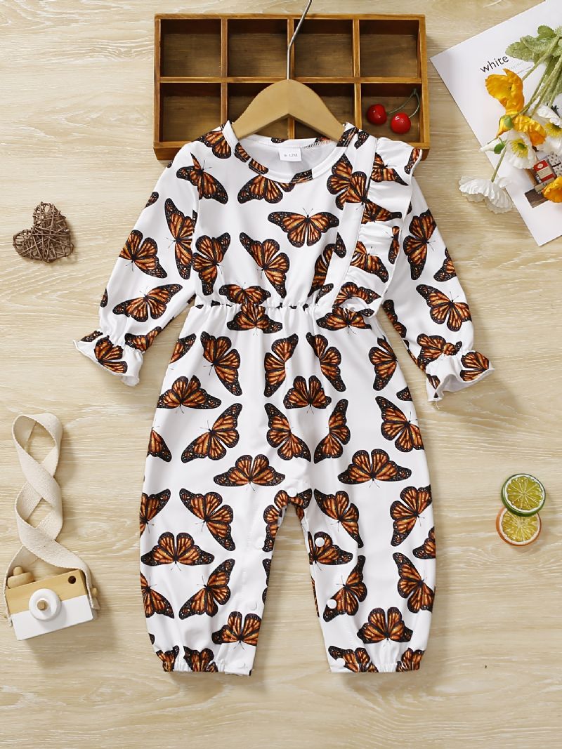 Děťátko Dívky Romper Butterfly Print Volánkový Overal S Dlouhým Rukávem Dětské Oblečení